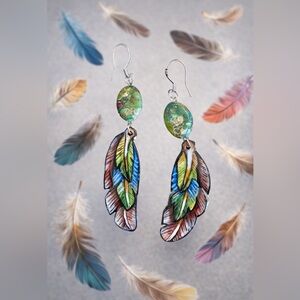Handpainted feather earrings sterling wires green variscite stone bead